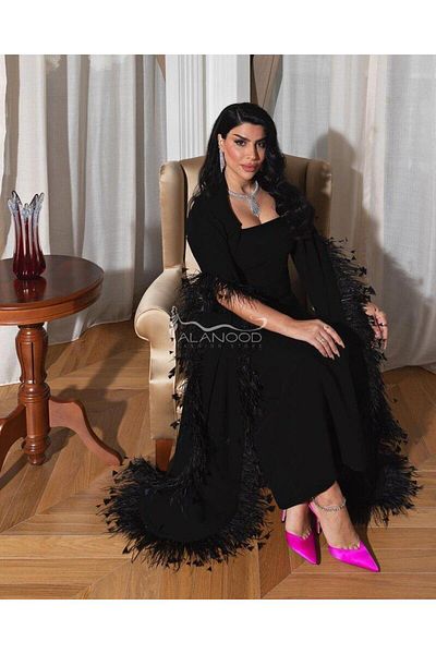ALANOOD FASHION Black two-piece evening dress with a feather-embellished jacket in a luxurious, modern design