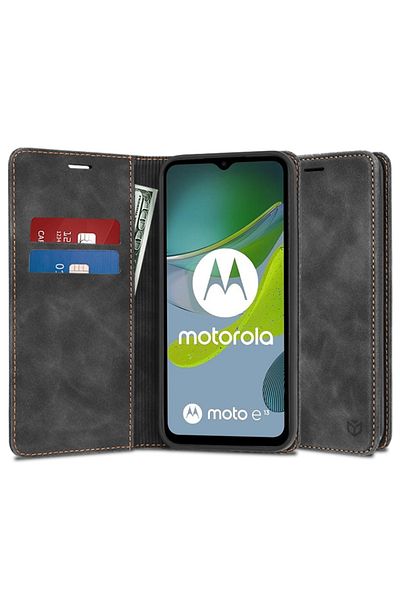 SKYDDAR INNOVATION Case for Motorola Moto E13, Soft Wallet, Eco Premium Leather Card Type, Black, sticker set