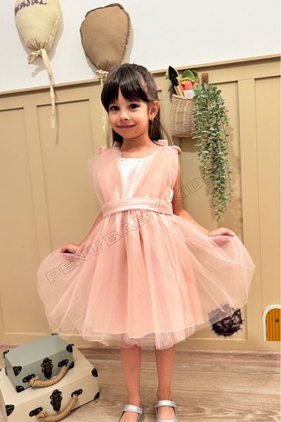 penu baby kids Powder Shoulder Bow Tulle Baby Girl Dress - Bow