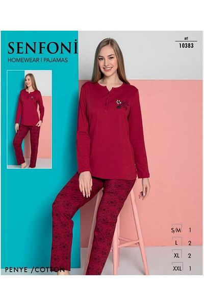 SENFONİ Senfoni Women's Viscose Combed Cotton Button Collar Long Sleeve Pajama Set 10383 -1 Piece