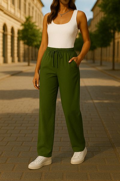 Montland Women's Khaki Linen Trousers – High Waist – Comfortable Fit, Casual and Stylish Use