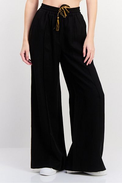Scotch & Soda Women Regular Fit 32 Length Plain Wide Leg Pants, Black