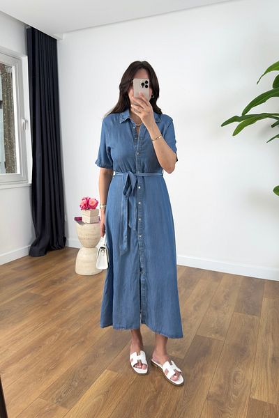 BİRCANÇİL Jesica Blue Belted Midi Length Denim Dress