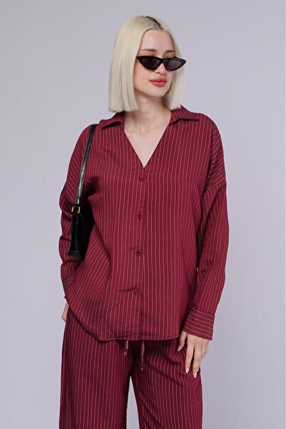 Madmext Burgundy Long Sleeve Striped Shirt Pants Double Suit Mg2329