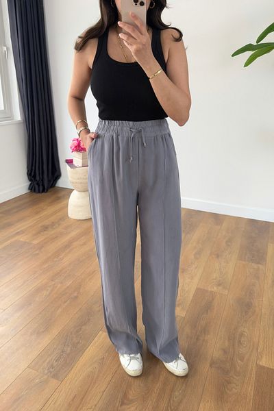 BİRCANÇİL Md Benis Gray Palazzo Trousers with Stripes on the Front