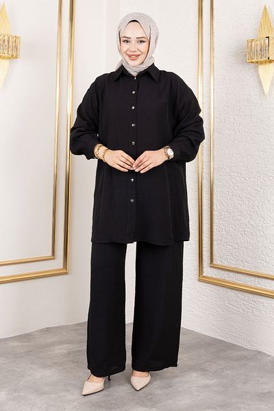 Tesettür Dünyası Double Suit with Stitching Detail Tsd250180 Black
