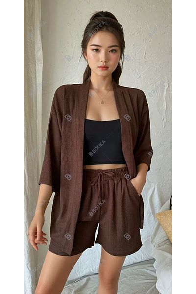 LEONE KOLEKSİYON Women's Brown Kimono Shirt Shorts Top and Bottom Set