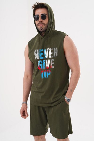 ACTIVE MODA للرجال - لا تستسلم أبدًا - قميص رياضي مطبوع - طقم شورت مكون من قطعتين مقاس كبير من القطن