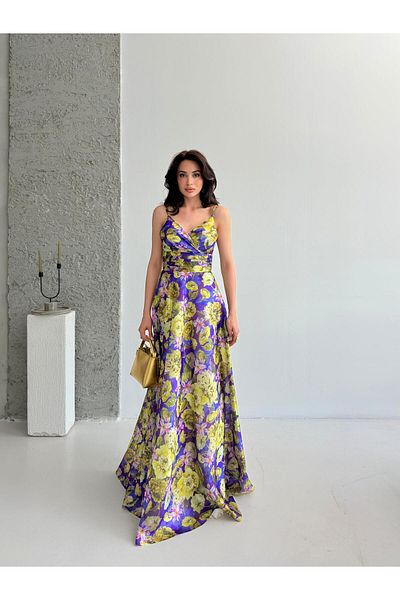 Serica Moda Yellow Patterned Strap Lined Organza Evening Dress