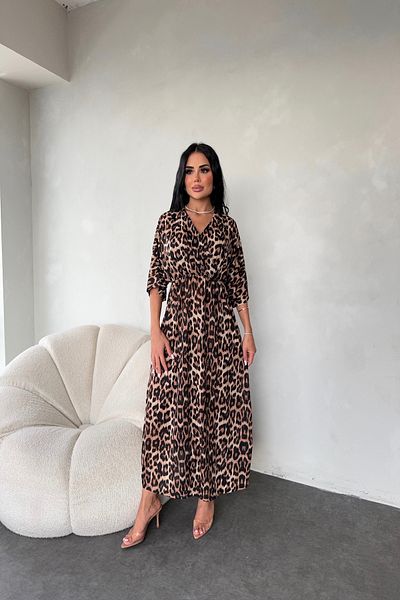 LİLA İSTANBUL Double Breasted Collar Leopard Print Viscose Fabric Summer Dress