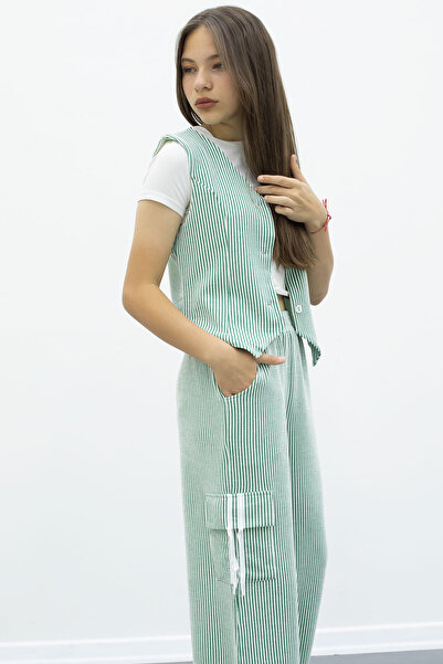 Cansın Mini Green Striped Buttoned Vest Cargo Pocket Trousers Girl's 2 Piece Set 21015