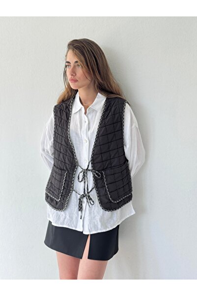 Retrobird Design Front Lace up Quilted Vest Women Anthracite