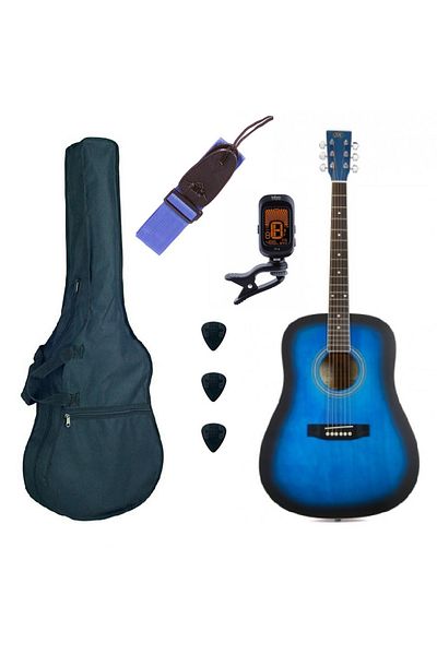 SX SD104BUS Basic 2, acoustic guitar set blue matte sunburst, gig bag, tuner, strap, 3 picks