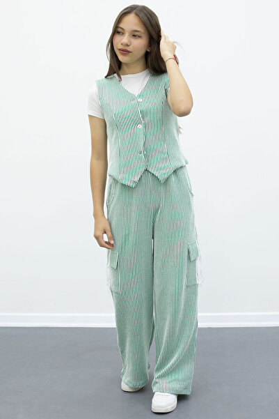 Cansın Mini Green Striped Buttoned Vest Cargo Pocket Trousers Girl's 2 Piece Set 21015