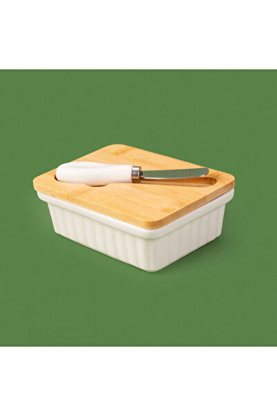 ASPARTAM Porcelain Butter Bowl with Kitchen Knife - White - 14 cm