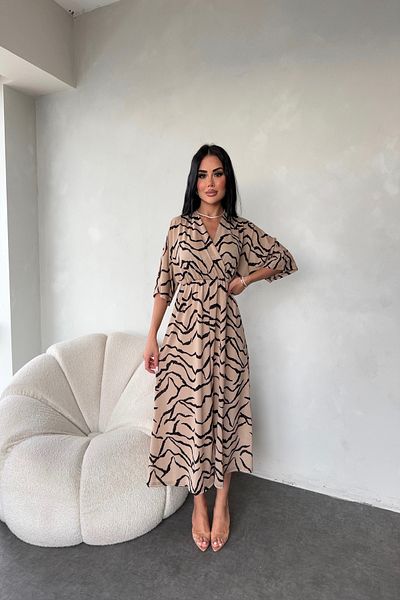 LİLA İSTANBUL Double Breasted Collar Patterned Viscose Fabric Summer Dress