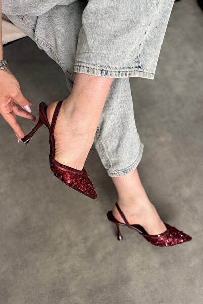 SHOEBELLAS Anje Bordo Dantel Boncuk İşleme Detaylı Kadın Topuklu Ayakkabı