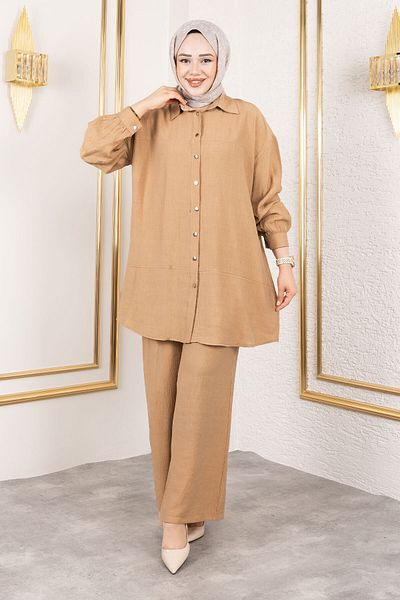 Tesettür Dünyası Double Suit with Stitching Detail Tsd250180 Camel