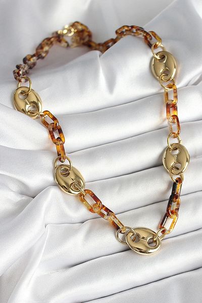 Clariss Leopard Patterned Mica Gold Color Chain Women's Necklace