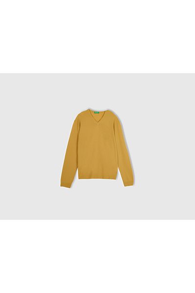 United Colors of Benetton Men's Saffron Yellow V-Neck Merino Sweater
