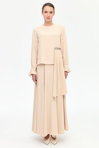 Esswaap Beige Skirt Suit with Shawl and Stone Detail at the Waist