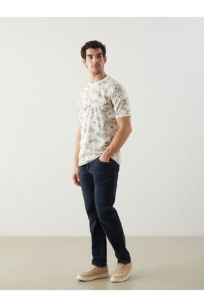 LC Waikiki LCWAIKIKI Classic Ecru Crew λαιμόκοψη με κοντό μανίκι με σχέδιο χτενισμένο βαμβακερό ανδρικό μπλουζάκι S5FA37Z8NVY25