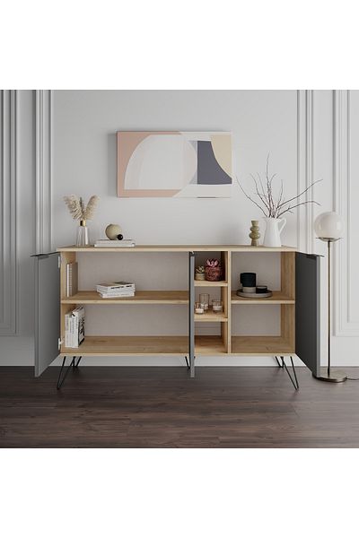 Mourah Home Clara Console – Modern 3-Door Sideboard with Elevated Legs, Open Storage for Living, Dining, Kitchen