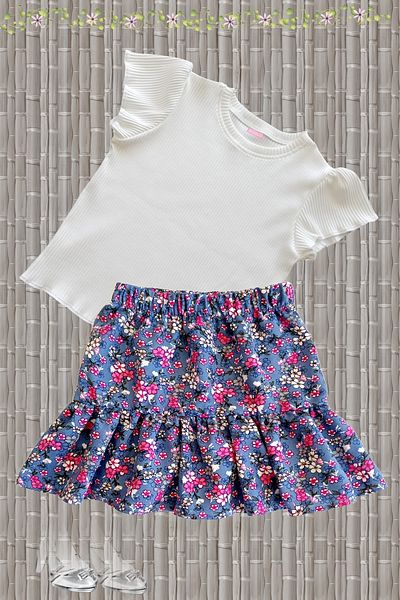MODA59 Girl's Skirt Suit, Skirt T-Shirt Suit, Floral Skirt Twill Ecru T-Shirt