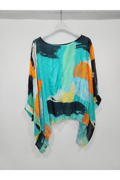 della moor Μπλούζα από μεταξωτό μείγμα με μανίκια νυχτερίδας με ιταλικό χρώμα τιρκουάζ