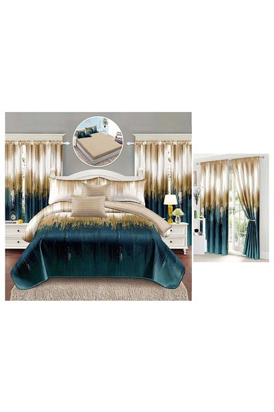 chiraso CHIRASO Finet Bedding Set, 8 Pieces with 2 Curtains, Fitted Sheet 180x200, Duvet Cover 200x230, 4 Pillowcases