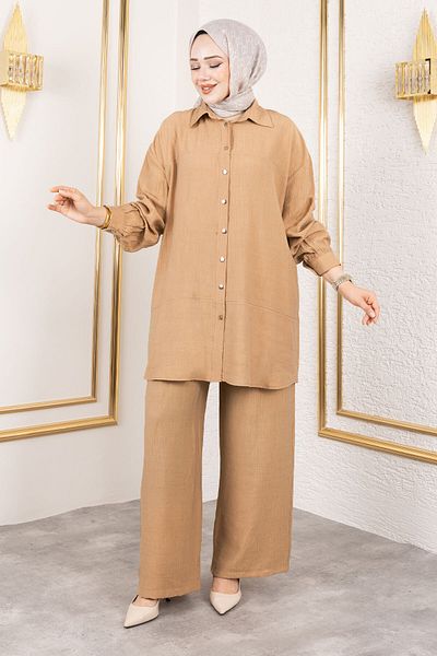 Tesettür Dünyası Double Suit with Stitching Detail Tsd250180 Camel