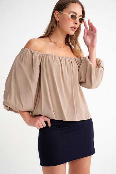 Mixray 4706 Women's Backless Balloon Sleeve Strapless Blouse Soil