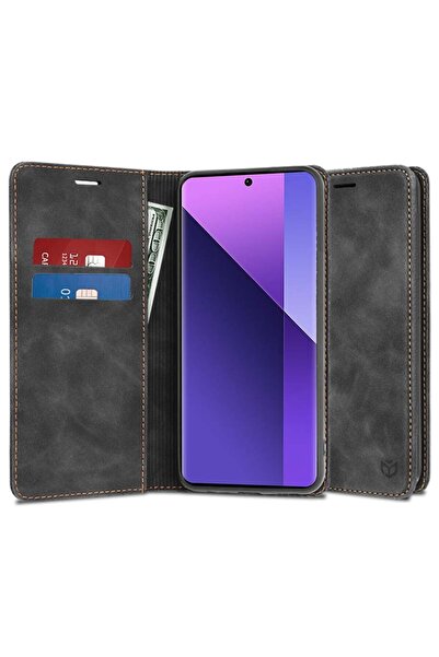 SKYDDAR INNOVATION Husă pentru Xiaomi Redmi Note 13 Pro+ 5G, portofel moale, piele premium cu card, neagră, set autocolante