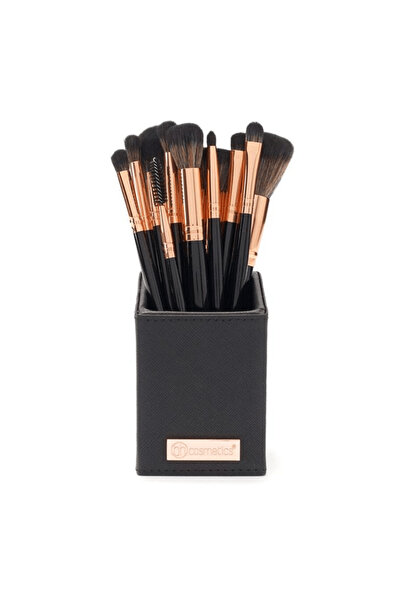 Bh Cosmetics مجموعة فرش باللونين الأسود والذهبي الوردي مع حامل - 14 قطعة