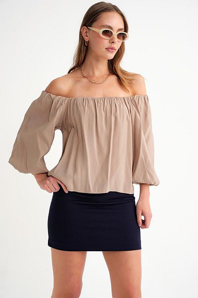 Mixray 4706 Women's Backless Balloon Sleeve Strapless Blouse Soil
