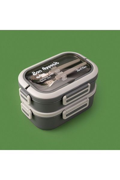ASPARTAM Rectangular Food Transport Container with Fork and Spoon - Gray - 850 ml
