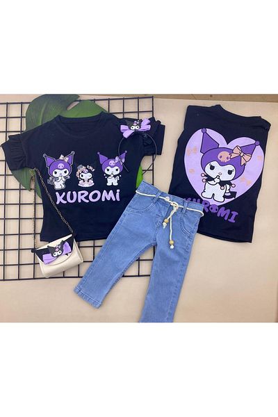 ÖRZİKİDS Kuromi Printed Original Lycra Combed Cotton Lycra Jeans Pants Bag with Crown 3-10 Years