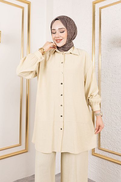 Tesettür Dünyası Double Suit with Stitching Detail Tsd250180 Beige