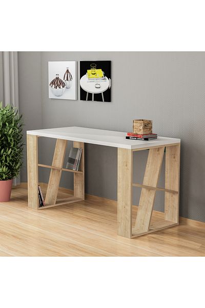 Mourah Home Honey Working Table with Storage Dual Slanted Shelves, Compact Desk for Home Office, Writing & Study