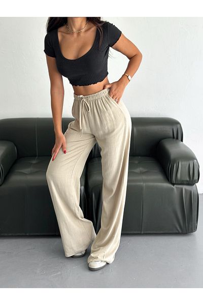 Dumy Dummy - Soft Textured Loose Cut High Waist Linen Trousers