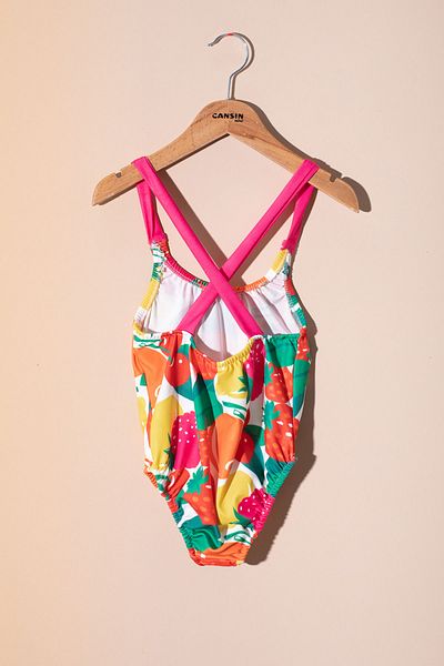 Cansın Mini Pink Rope Strap Fruit Patterned Girl's Swimsuit 21071