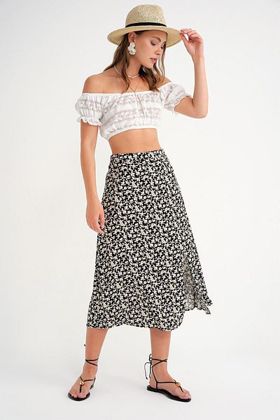 Mixray 4696 Women's Slit Detailed Floral Patterned Viscose Fabric Midi Woven Skirt Black