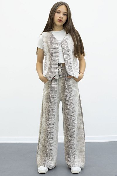 Cansın Mini Girl's 2-Piece Suit with Coffee Buttoned Vest and Wide-Leg Belted Trousers 21014