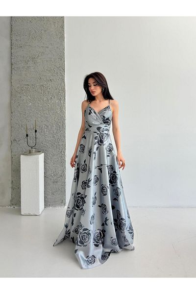 Serica Moda Gray Patterned Strap Lined Organza Evening Dress
