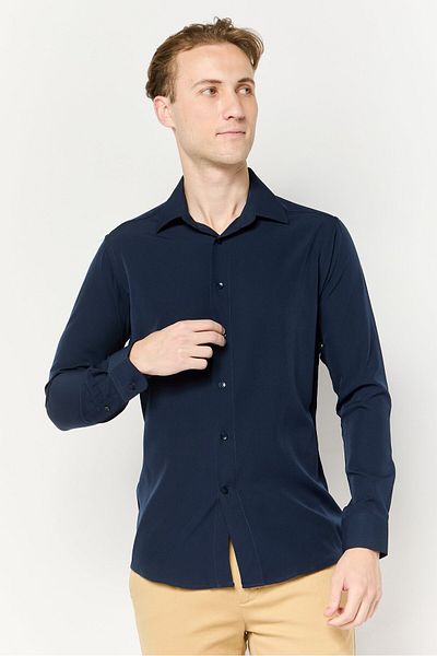 Scotch & Soda Men Modern Fit Solid Long Sleeve Dress Shirt, Navy