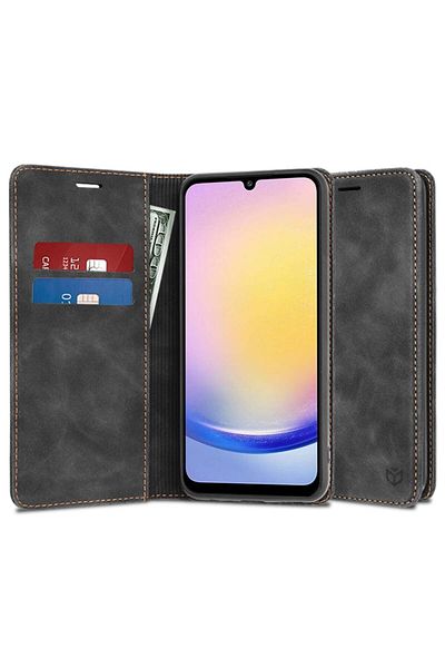 SKYDDAR INNOVATION Husă pentru Samsung Galaxy A25 5G, portofel moale, piele ecologică premium, tip carte, neagră, set autocolante