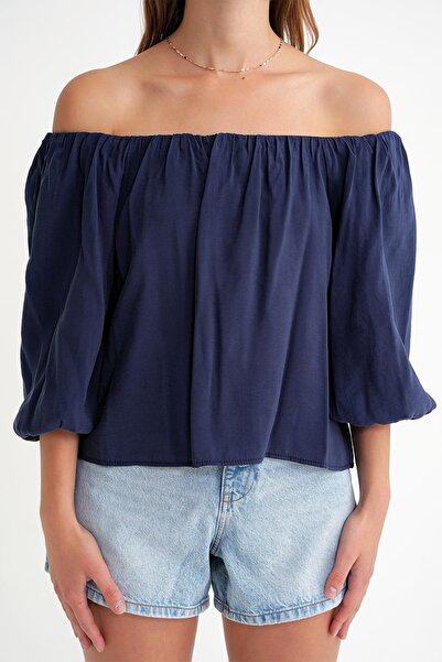 Mixray 4706 Women's Backless Balloon Sleeve Strapless Blouse Navy Blue