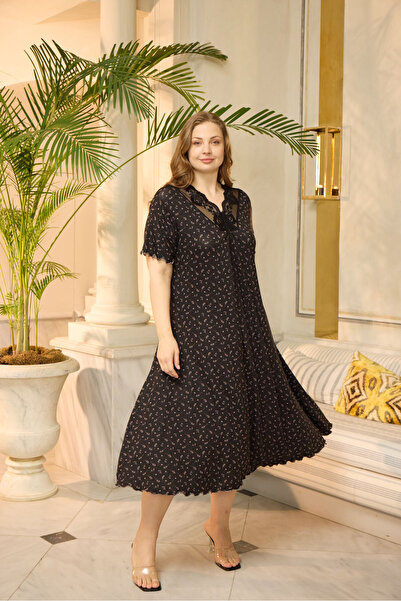 Miss Meryem Çiçek Desenli Siyah Ring Viskon Kısa Kol Elbise