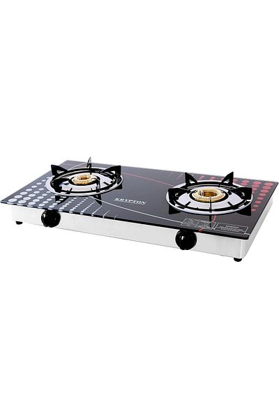 KRYPTON Double Burner Gas Stove | Auto Ignition | Low Gas Use | Glass Top | Stainless Steel Tray | Black