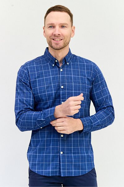 GAP Men Standard Fit Plaid Long Sleeve Casual Shirt, Navy